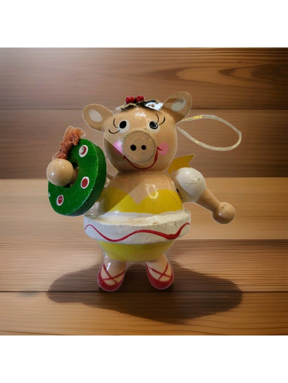 Vtg 1960s Pig Christmas Ornament Wood Hand Painted Piggy Girl Angel EUC 3" A39
